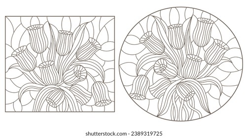 A set of contour illustrations of stained glass Windows with Tulips , dark contours on a white background