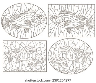 A set of contour illustrations of stained glass Windows with fish perch on the background of the bottom and algae , dark contours on a white background