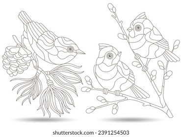 A set of contour illustrations of stained glass windows with birds on branches, dark contours on a white background