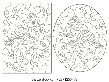 A set of contour illustrations of stained glass windows with birds on branches, dark contours on a white background