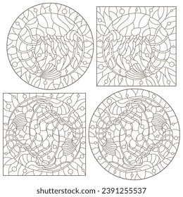 Set of contour illustrations in stained glass style with shrimps on a background of water and air bubbles, dark contours on a white background