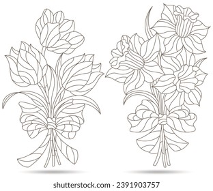 Set of contour illustrations in stained glass style with bouquets of daffodils and tulips, dark outlines on a white background