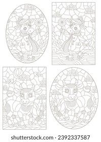 A set of contour illustrations in a stained glass style with cute cartoon cows on a  ice skating, dark outlines on a white background