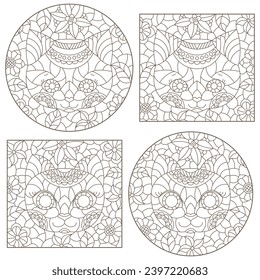 Set of contour illustrations of stained glass windows with portraits of kittens and flowers, dark outlines on a white background