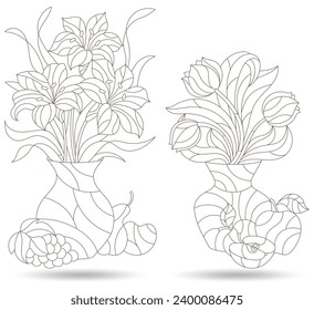 Set of contour illustrations in stained glass style with still lifes, flowers and fruits, dark outlines on a white background