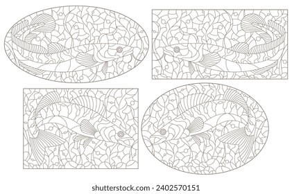 A set of contour illustrations in the stained glass style with abstract fishes on a background of algae, dark contours on a white background