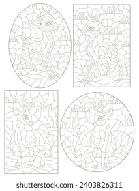 Set of contour illustrations of stained glass Windows with fawns on a background of meadows and sky, dark outlines on a white background