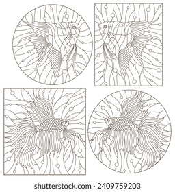 Set contour illustrations in the stained glass style aquarium fish fish cock and scalars , dark contours on white background