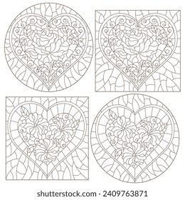 Set of contour illustrations of stained glass Windows with abstract hearts and colors , dark contours on white background