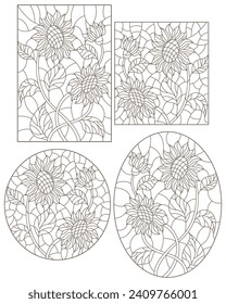 A set of contour illustrations of stained glass Windows with sunflowers, dark contours on a white background