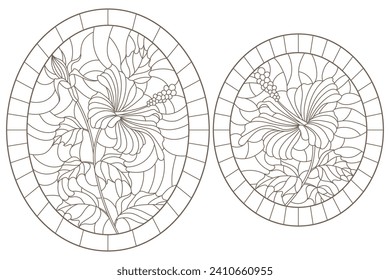 Set of contour illustrations of stained glass Windows with hibiscus flowers, dark outlines on a white background