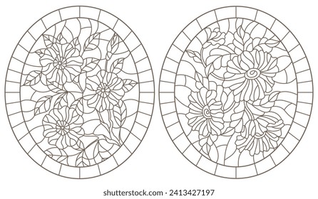 Set of contour illustrations in stained glass style with floral arrangements, dark contours on a white background
