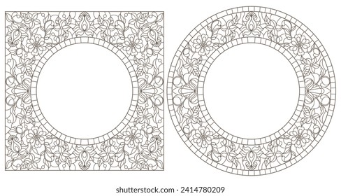 Set contour illustrations of stained glass with floral framework,dark outline on white background