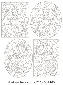 A set of contour illustrations in the stained glass style with fishes on a background of algae, dark contours on a white background