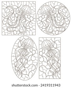 A set of contour illustrations of stained glass Windows with jellyfish on a background of water and air bubbles, dark contours on a white background