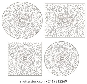 Set of contour illustrations in stained glass style with sunflower flowers, dark outlines on a white background