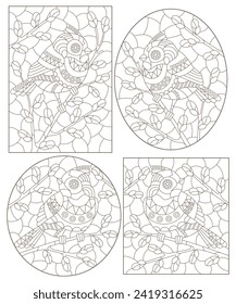 A set of contour illustrations of stained glass windows with birds on branches, dark contours on a white background