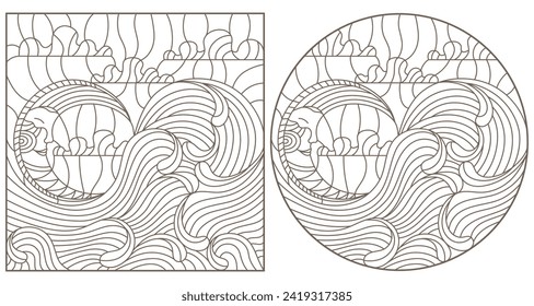 Set contour illustrations in stained glass style abstract landscape, the moon in the sky and the sea ,  white background