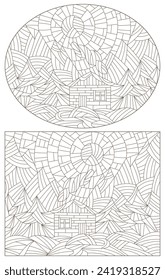 Set contour illustrations of stained glass Windows landscape , lonely houses on a background of nature, dark outlines on a white background