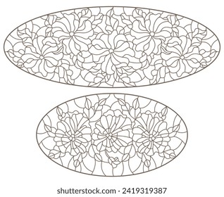 A set of contour illustrations of stained glass with flowers, dark contours on a white background