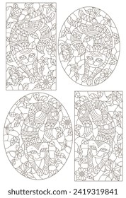 A set of contour illustrations of stained glass cats on a background of flowers, dark outline on a white background