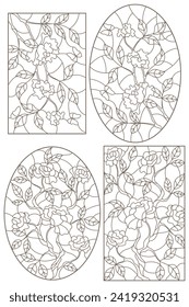 A set of contour illustrations of stained glass Windows with rosees in frames, dark contours on a white background