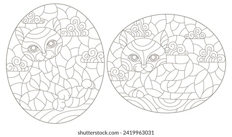 A set of contour illustrations of stained glass Windows with cats on a background of sky, dark contours on a white background