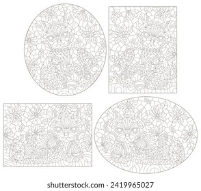 A set of contour illustrations of stained glass Windows with cats on a background of flowers, dark contours on a white background