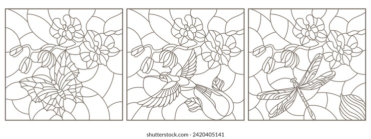 A set of contour illustrations of stained glass Windows with Hummingbird, butterflies, dragonflies and orchids, rectangular images