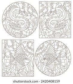 Set contour illustrations in the stained glass style with bright abstract two exotic fish amid seaweed, coral and shells