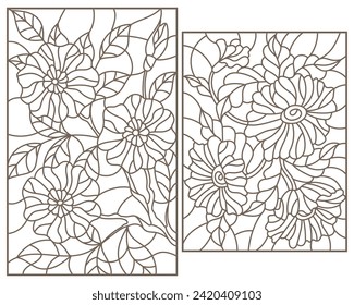 Reihe von Konturillustrationen im Buntglasstil mit floralen Arrangements, dunkle Konturen auf weißem Hintergrund