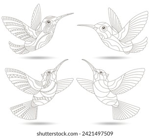 Eine Reihe von Konturillustrationen im Buntglasstil mit Hummingbird-Vögeln, dunkle Konturen einzeln auf weißem Hintergrund