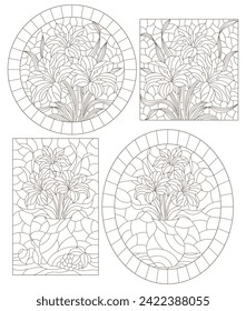 Set of contour illustrations in stained glass style with still lifes, flowers and fruits, dark outlines on a white background