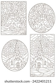 Set of contour illustrations in stained glass style with Christian churches on landscape background, dark contours on white background