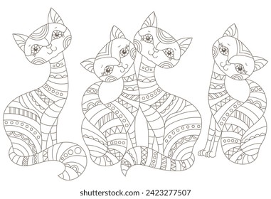 Set of contour illustrations in stained glass style with cute cartoon cats, dark outlines on a white background, 
