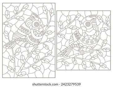 A set of contour illustrations of stained glass windows with birds on branches, dark contours on a white background