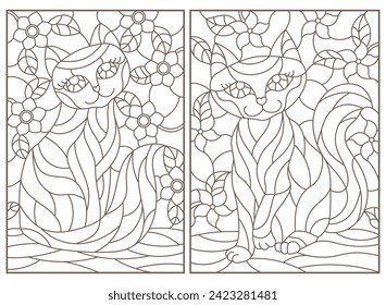 A set of contour illustrations of stained glass Windows with cats on a background of colors, dark contours on a white background