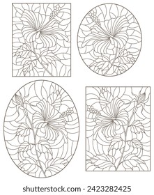 Conjunto de ilustraciones de contorno de vidrios con flores de hibisco, contornos oscuros sobre un fondo blanco