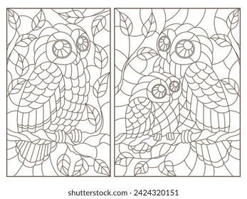 Set of contour illustrations in a stained glass siyle with a cute owls on a branches, dark contours on white background