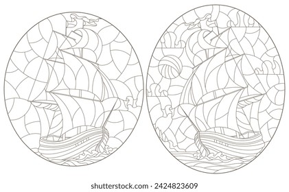A set of contour illustrations of stained glass Windows with old sailing ships, dark contours on a white background