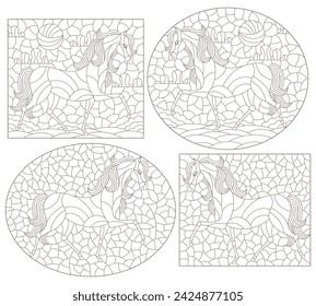 Set of contour illustrations in the stained glass style with horses on a landscape background, dark contours on a white background