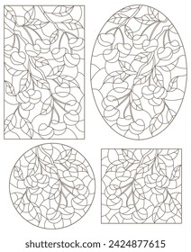 Set contour illustrations of stained glass style with a branch of cherry, dark contour on white background
