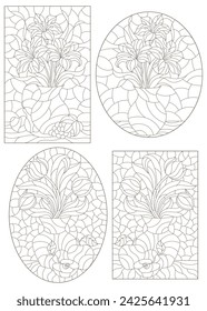Set of contour illustrations in stained glass style with still lifes, flowers and fruits, dark outlines on a white background
