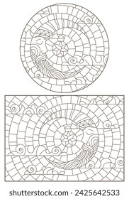 Set of contour illustrations of stained glass Windows with the moon and sky, , dark contours on white background