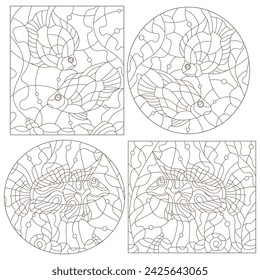 Set of contour illustrations of stained glass Windows with fishes, dark outlines on a white background