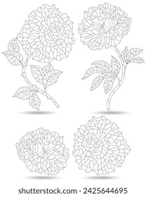Set of contour illustrations in stained glass style with peony and rose flowers, dark outlines isolated on a white background