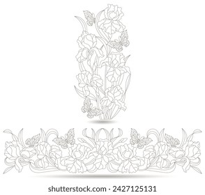 A set of contour illustrations of stained glass windows with compositions of irises, dark contours on a white background