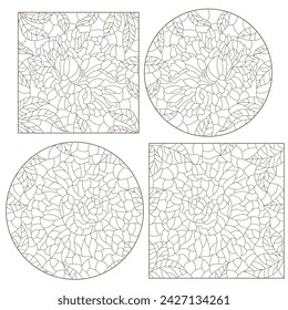 Set of contour illustrations in stained glass style with abstract peony and rose flowers, dark outlines on a white background