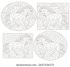 Set of contour illustrations in the stained glass style with horses on a landscape background, dark contours on a white background