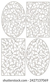 Set of contour illustrations of stained glass Windows with intertwined leaves, dark outlines on a white background